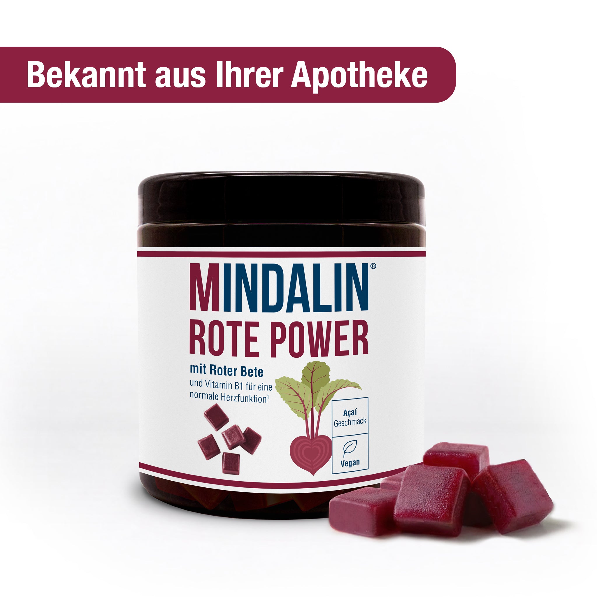 Mindalin Rote Power Dose mit veganen Fruchtgummis in Açaí-Geschmack, enthält Rote Bete und Vitamin B1 für eine normale Herzfunktion – bekannt aus Ihrer Apotheke