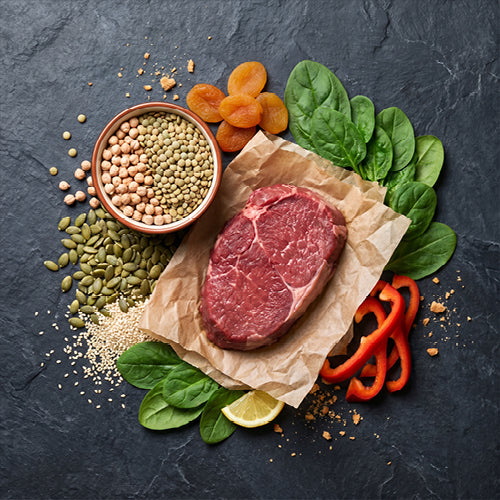 Natürliche Quellen von Eisen in der Natur, rotes Fleisch, Spinat, Hülsenfrüchte. 