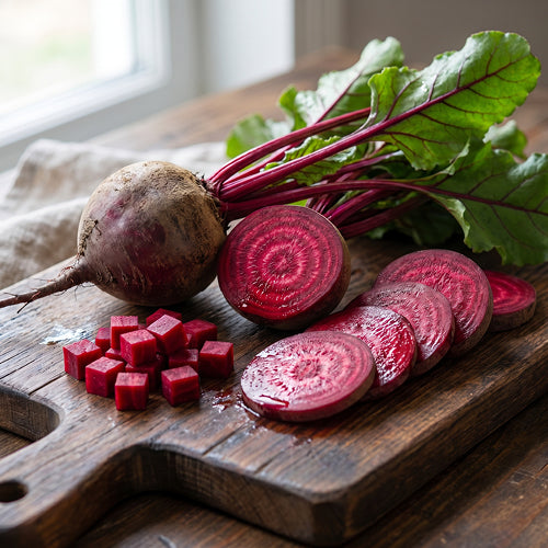 Rote Bete auf einem Brett augeschnitten in Würfel - natürliche Quelle für Nitrat 